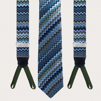 Coordinated set of suspenders and necktie in jacquard silk, geometric wave pattern