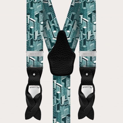 Double use suspenders with multicolor skyscrapers pattern