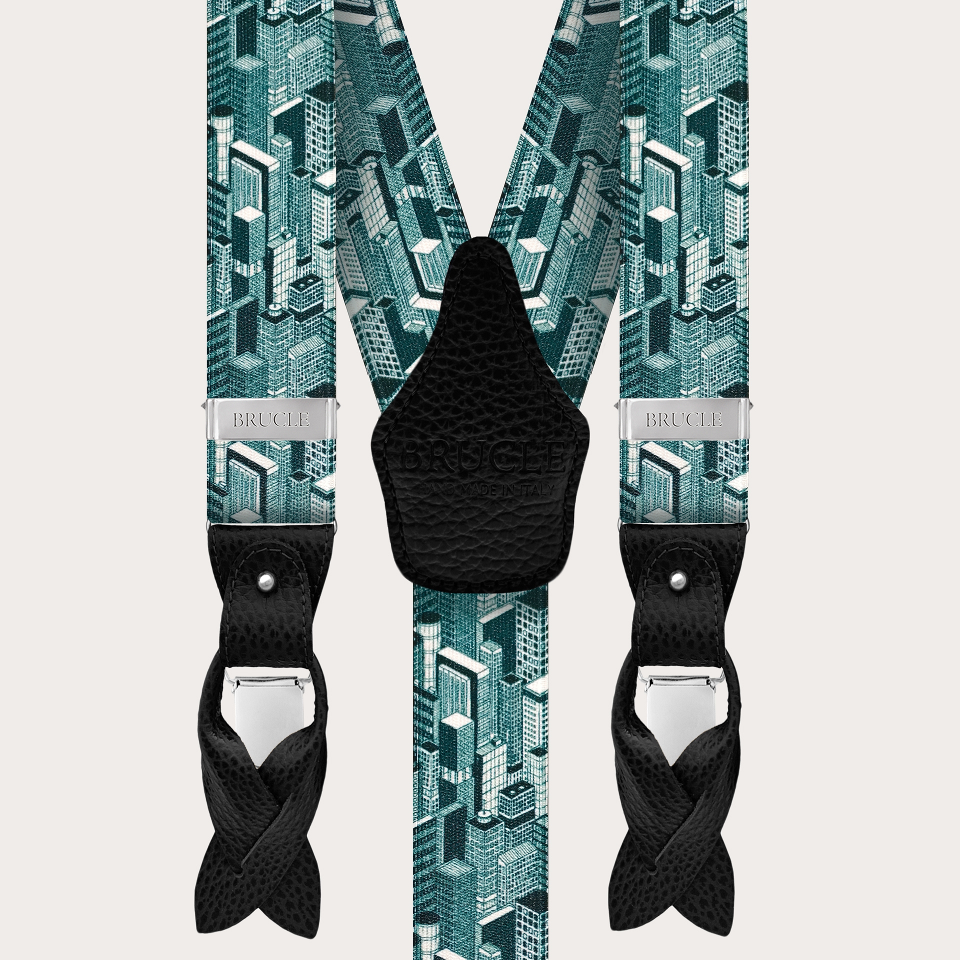 Y-shape elastic suspenders, teal skyscrapers