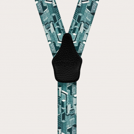 Double use suspenders with multicolor skyscrapers pattern