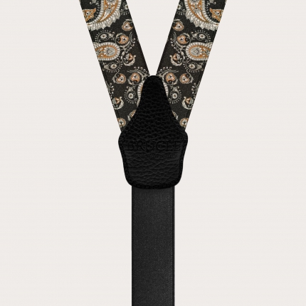 Bretelle eleganti colorate lucide motivo paisley cachemire nere con clip oro