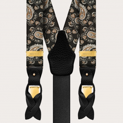 Y-shape elastic suspenders, black paisley and gold