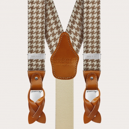 Formal Y-shape fabric suspenders in silk, beige pied de poule