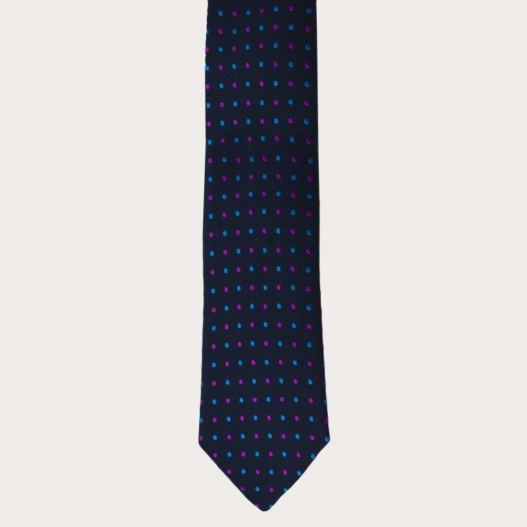 Elegant necktie in silk and cotton with dotted pattern, navy blue, light blue and fuchsia