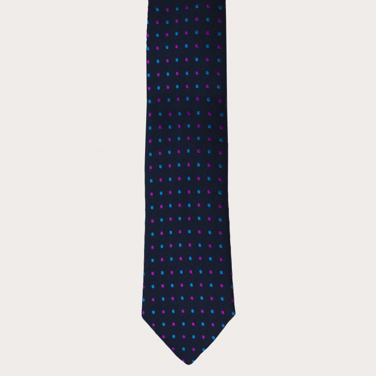 Elegante cravatta in seta e cotone con fantasia puntaspillo, blu navy, azzurro e fucsia