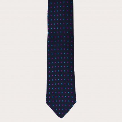 Cravate élégante en soie et coton à motif à pois, bleu marine, bleu clair et fuchsia
