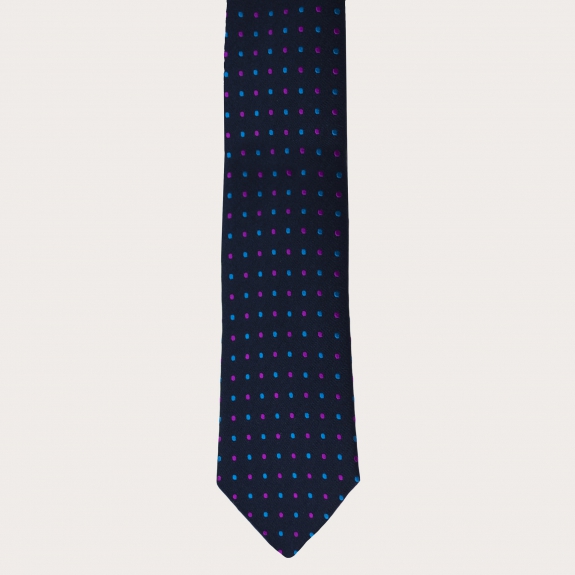 BRUCLE Elegant necktie in silk and cotton with dotted pattern, navy blue, light blue and fuchsia