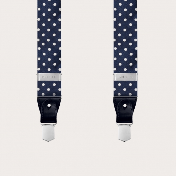 Formal Y-shape silk tubular suspenders, blue with white polka dots