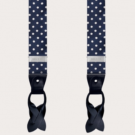 Formal Y-shape silk tubular suspenders, blue with white polka dots