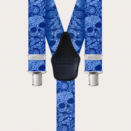 Y-shape elastic suspenders with clips, blue skulls