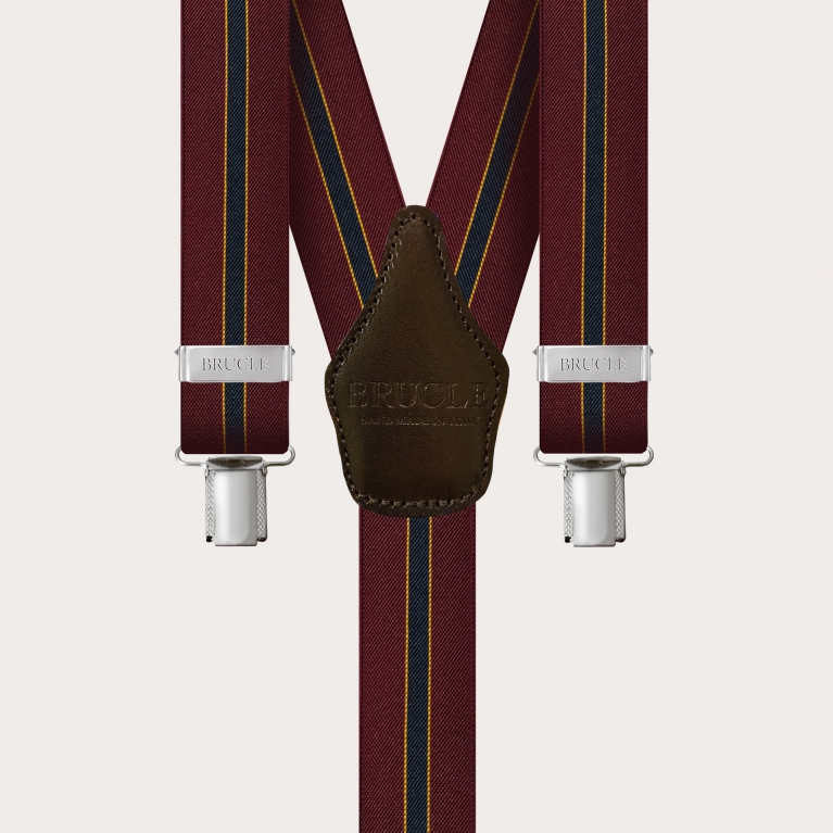 Y-shape elastic suspenders with clips, burgundy regimental