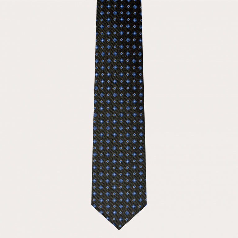 Silk and cotton tie, green floral and geometric pattern