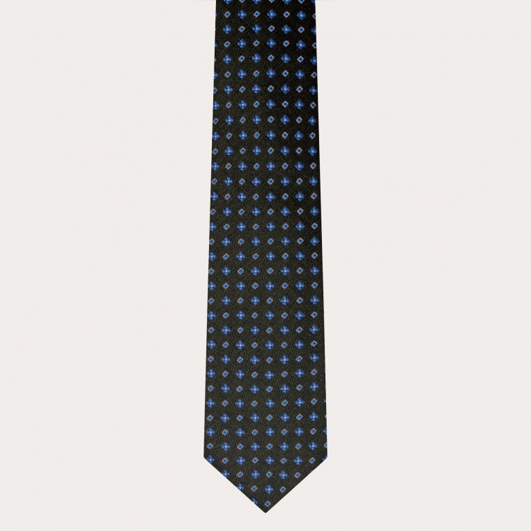 Silk and cotton tie, green floral and geometric pattern