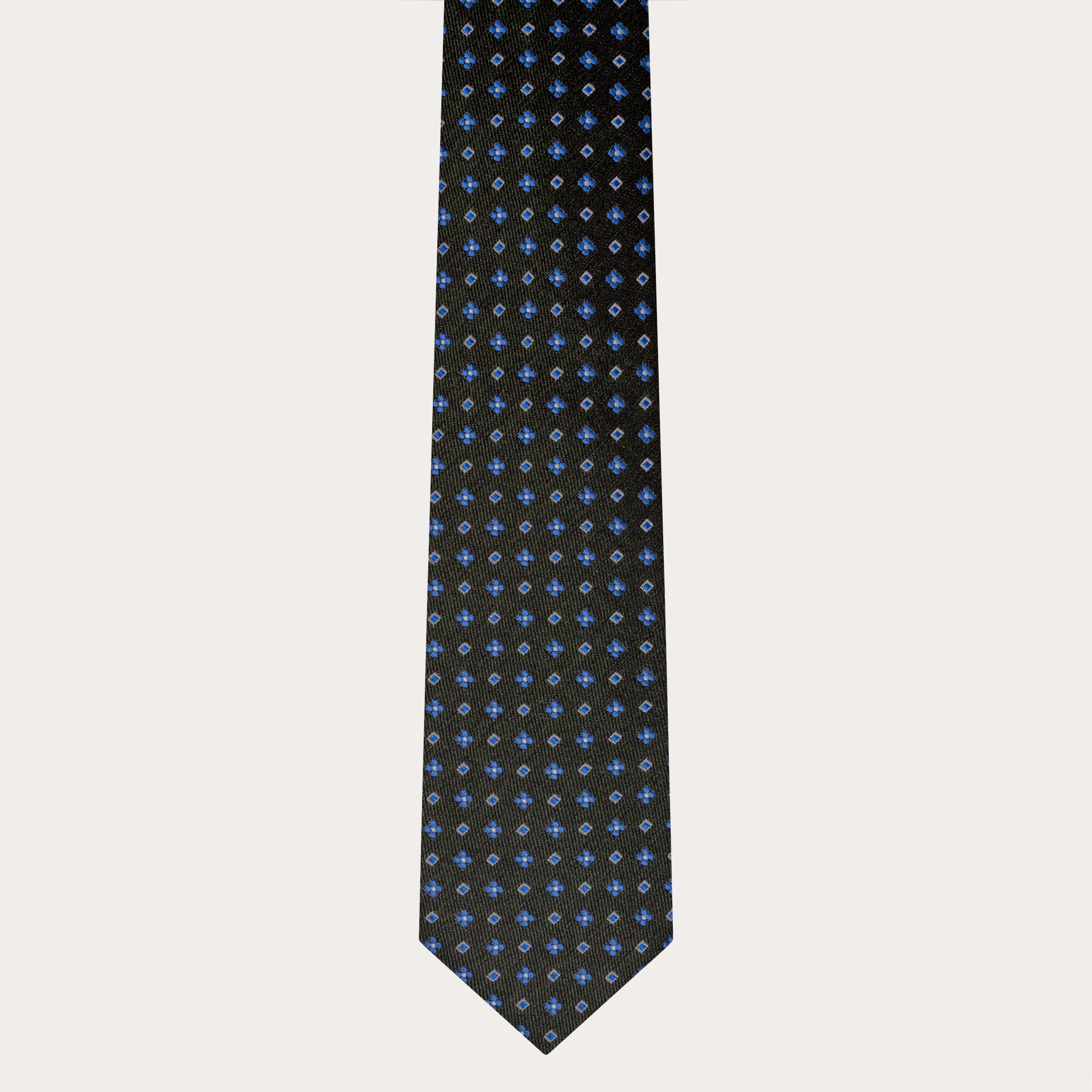 Silk and cotton tie, green floral and geometric pattern