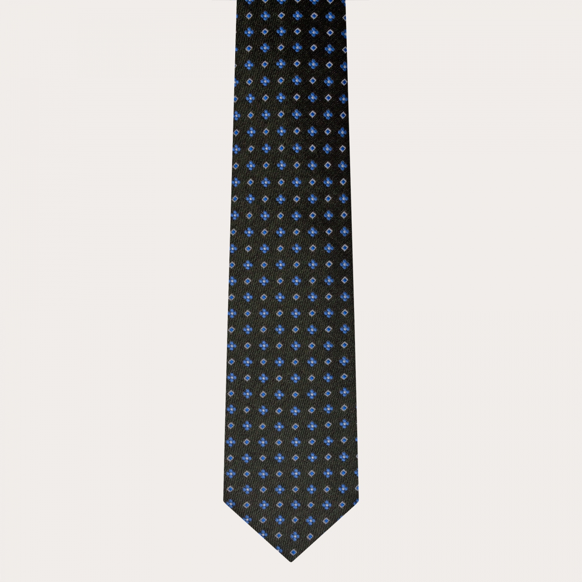 Silk and cotton tie, green floral and geometric pattern