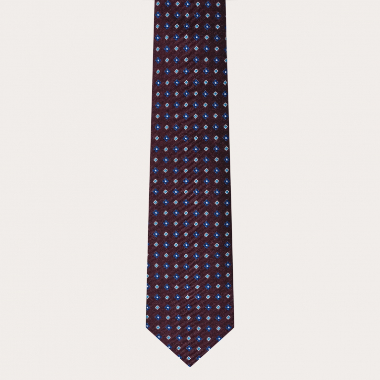 Silk and cotton tie, burgundy floral and geometric pattern