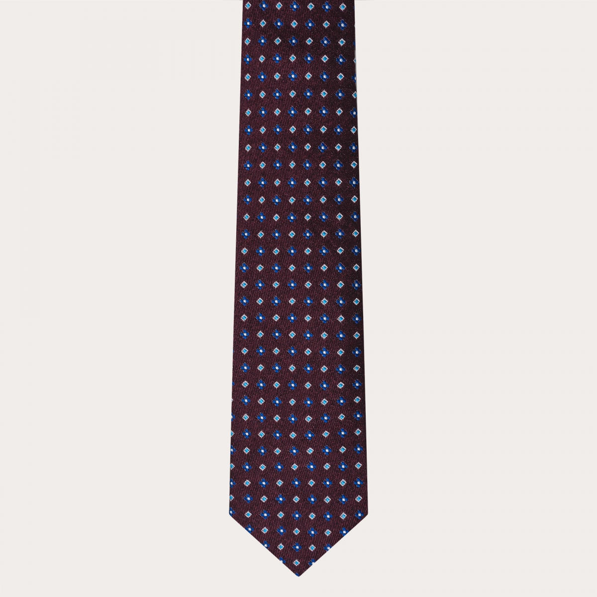 Silk and cotton tie, burgundy floral and geometric pattern