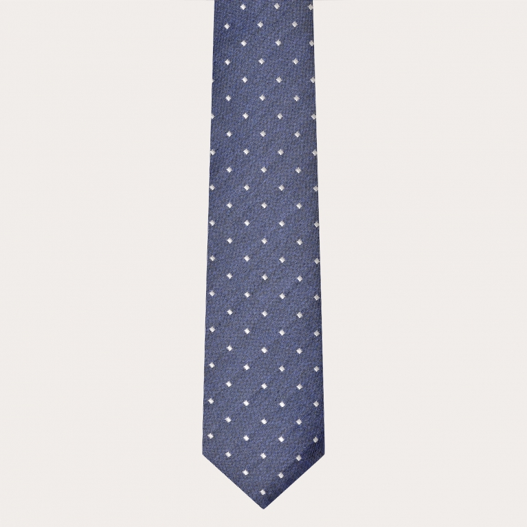 Elegant tie in jacquard silk, light blue melange with pearl-colored checks