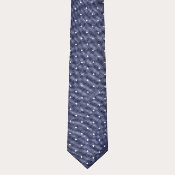 BRUCLE Elegant tie in jacquard silk, light blue melange with pearl-colored checks