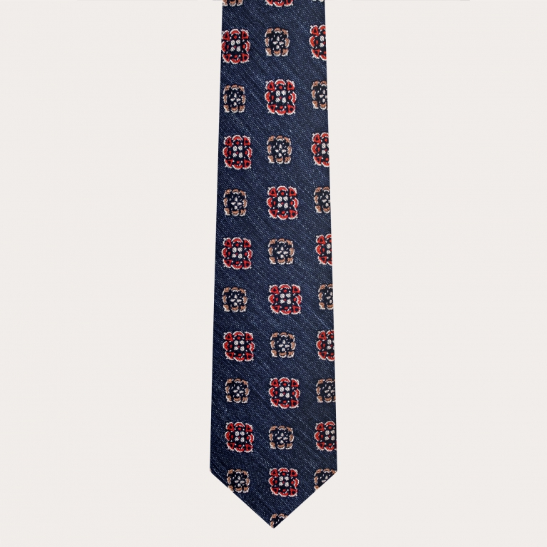 Krawatte aus Seide und Baumwolle, Jeansmuster mit geometrischen Blumen