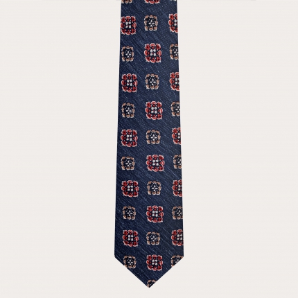 Silk and cotton necktie, denim pattern with geometric flowers