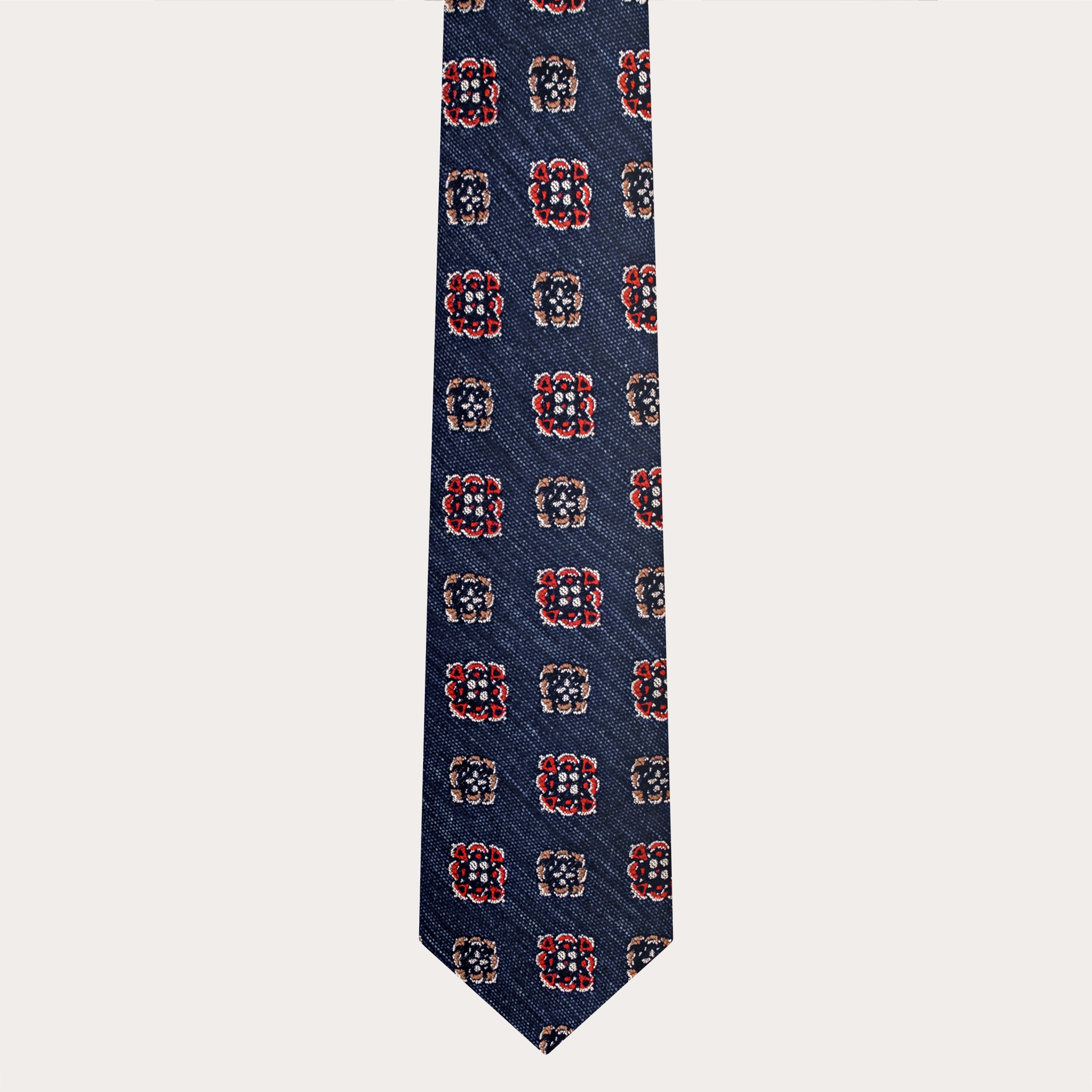 BRUCLE Silk and cotton necktie, denim pattern with geometric flowers