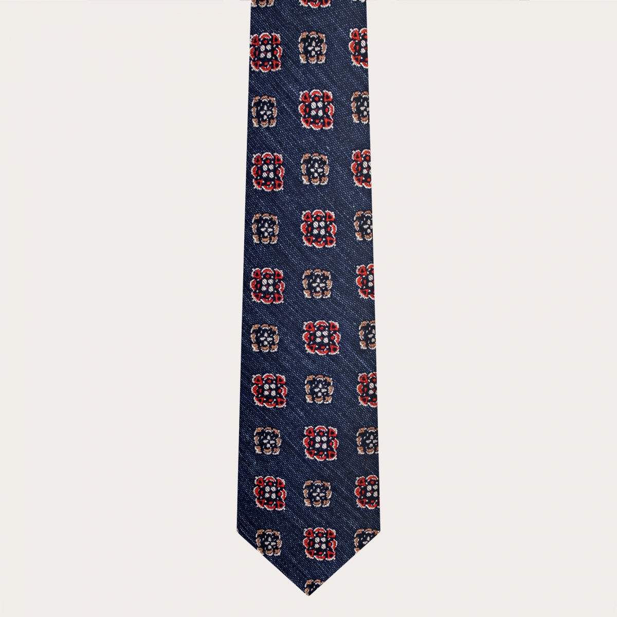 BRUCLE Silk and cotton necktie, denim pattern with geometric flowers