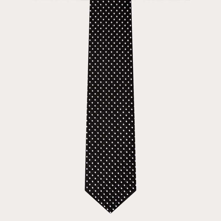 Elegant tie in jacquard silk, black with geometric dotted pattern