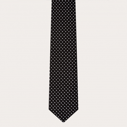 Elegant tie in jacquard silk, black with geometric dotted pattern