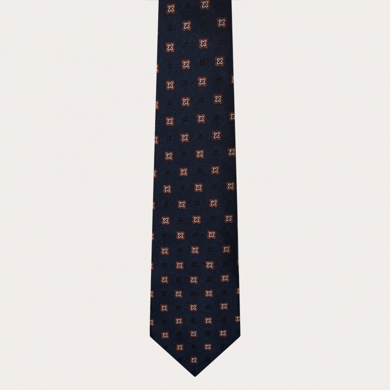 Formal tie in jacquard silk, blue with brown pattern