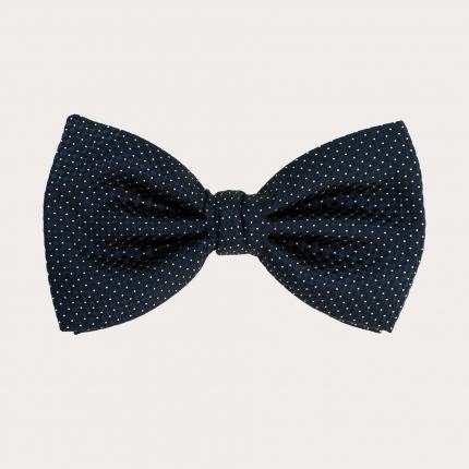 Elegant bow tie in jacquard silk, blue with pin cushion and geometric micro pattern