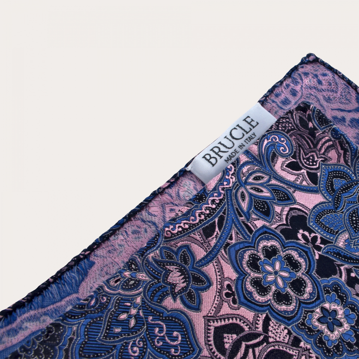 Elegant men's pocket square in jacquard silk, pink cashmere pattern