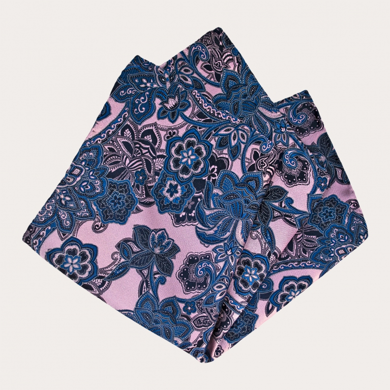 Elegant men's pocket square in jacquard silk, pink cashmere pattern