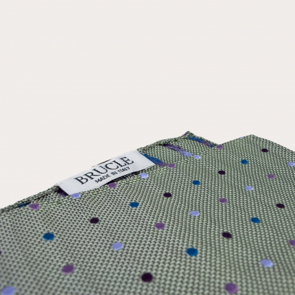 Refined silk ceremony pocket square, green with multicolor polka dots