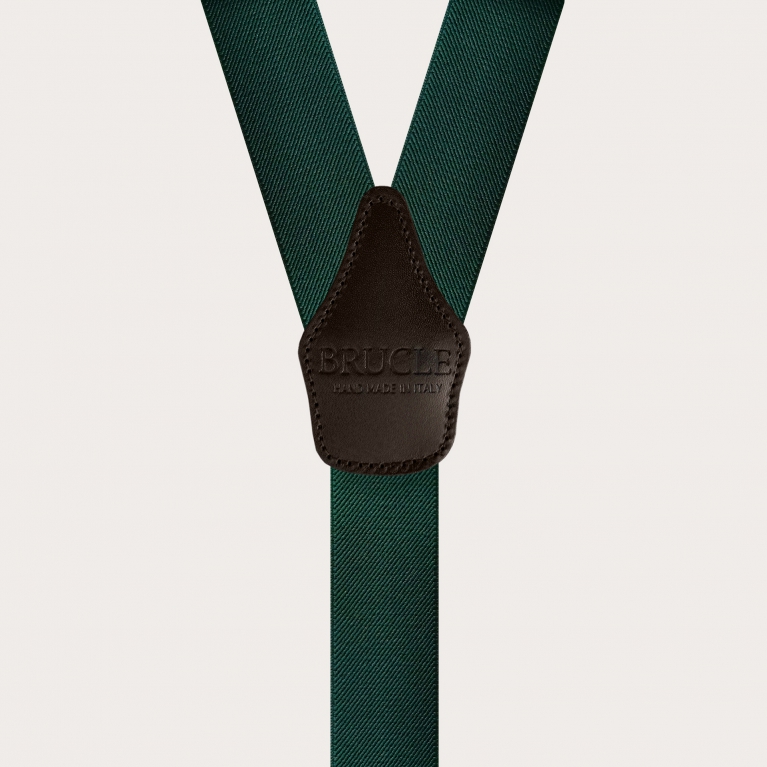 Elastic nickel free suspenders, green with dark brown leather