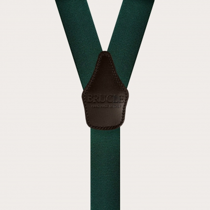 Elastic nickel free suspenders, green with dark brown leather