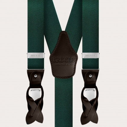 Elastic nickel free suspenders, green with dark brown leather