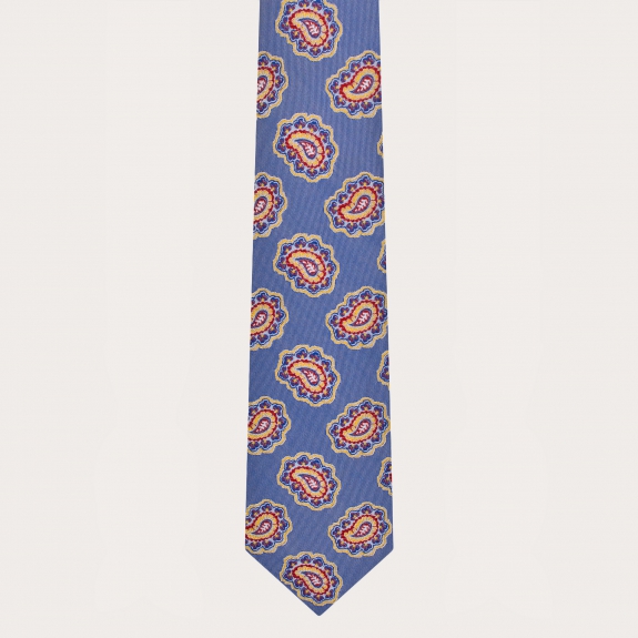 Cravatta azzurra in seta macro fantasia paisley