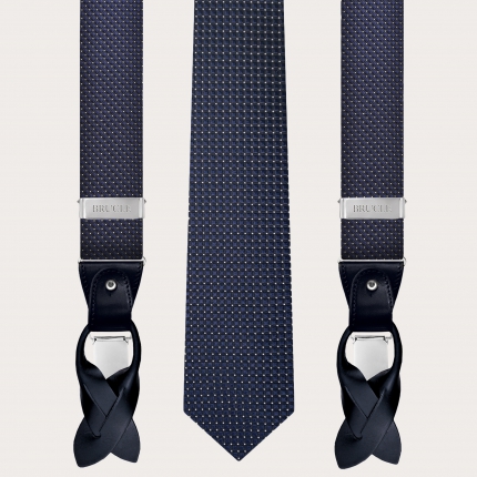 Bretelle e cravatta coordinate in seta, fantasia blu puntaspillo
