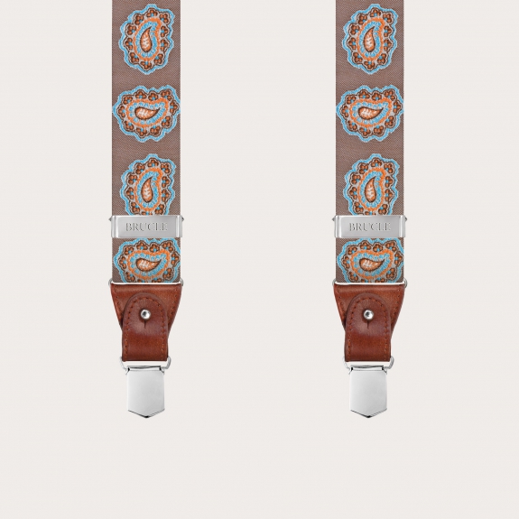 Formal Y-shape fabric suspenders in silk, dove-gray paisley