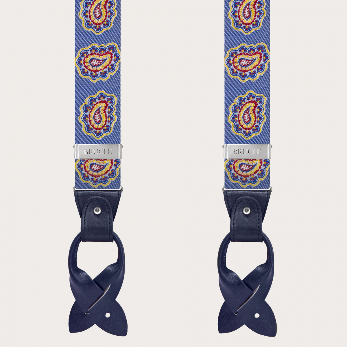 Bretelles larges en soie bleue paisley à clip ou boutonniere