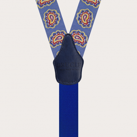 Bretelles larges en soie bleue paisley à clip ou boutonniere