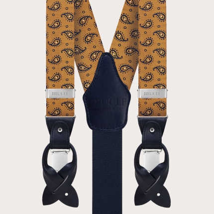 Men's suspenders in silk, bronze and blue paisley pattern