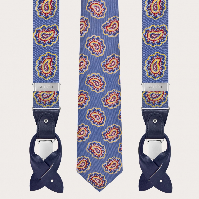 Coordinated suspenders and necktie in silk, macro paisley blue light