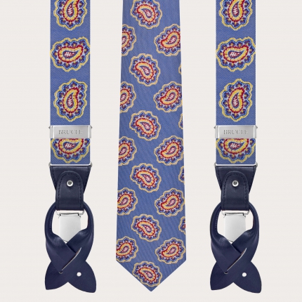 Bretelles et cravate coordonnées en soie, paisley bleu