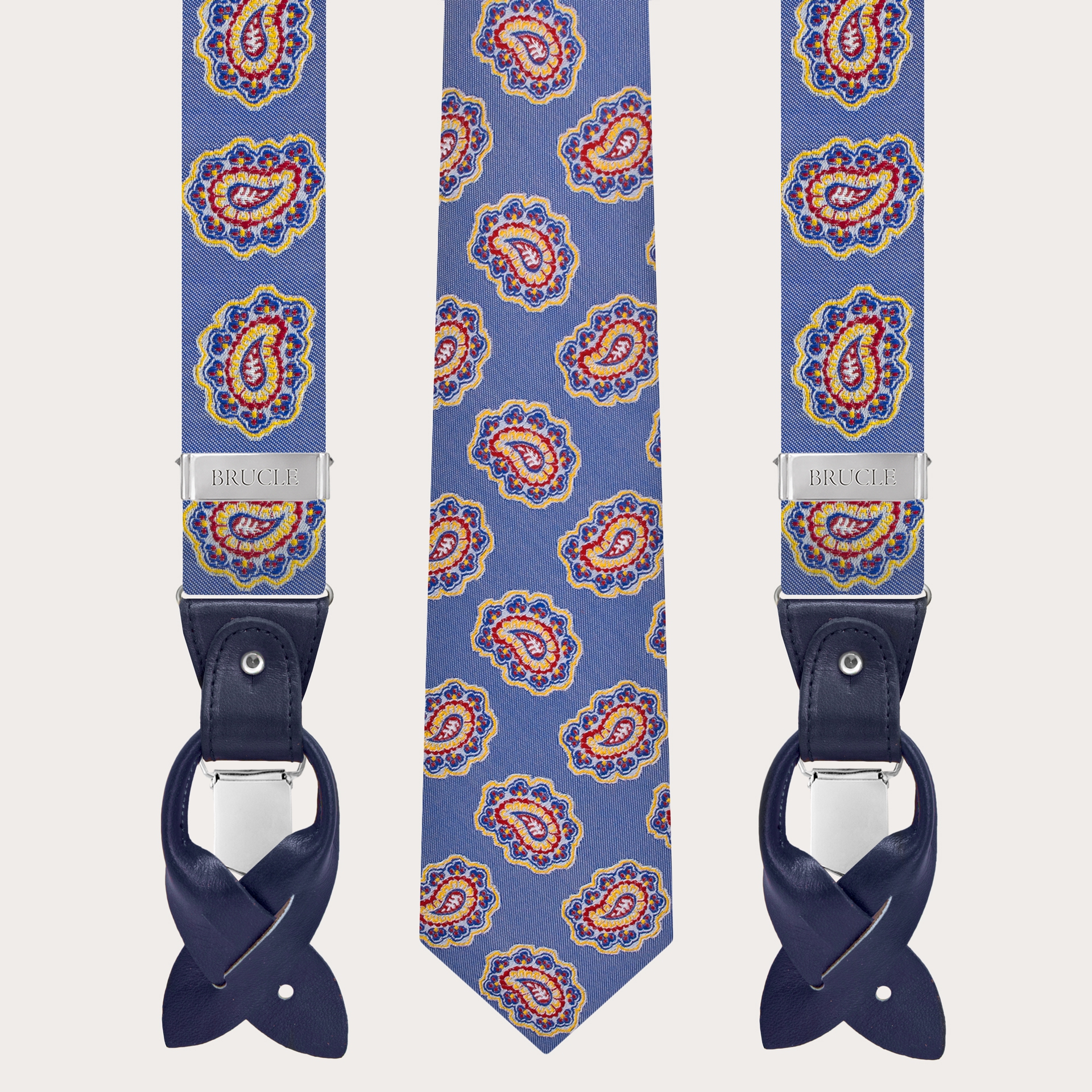 Tirantes y corbata coordinados en seda, patrón blanco y azul