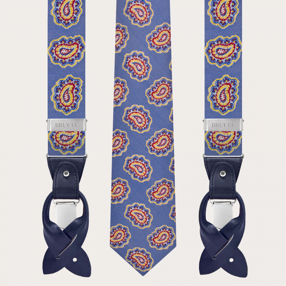 Tirantes y corbata coordinados en seda, patrón blanco y azul