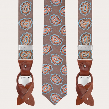 Bretelles et cravate coordonnées en soie, paisley gris