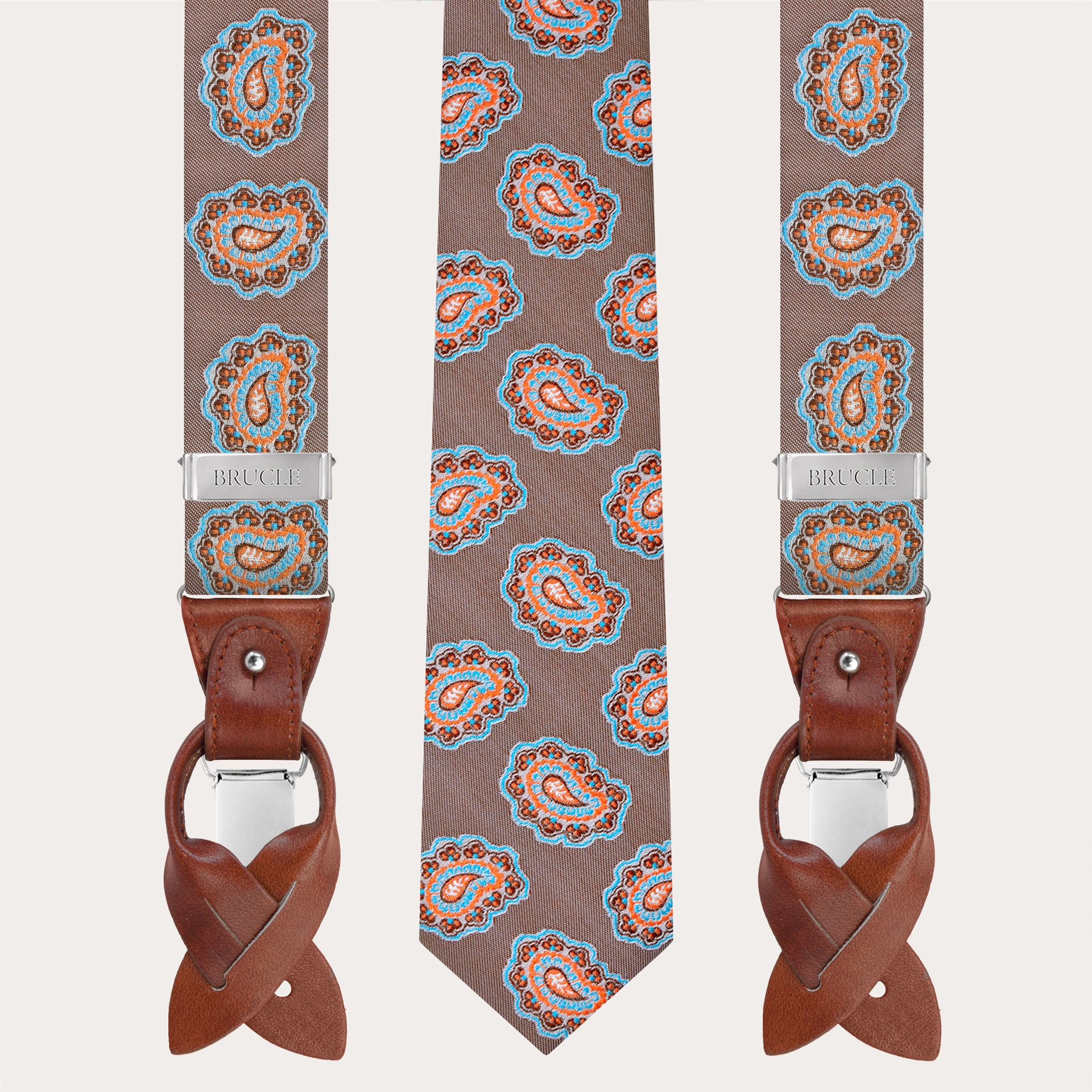 BRUCLE Bretelle e cravatta coordinate in seta, fantasia paisley tortora