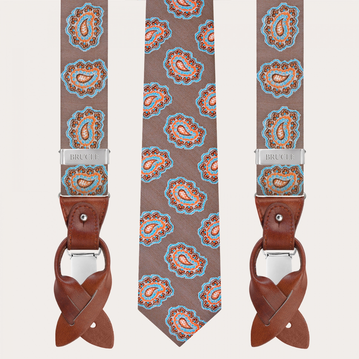 BRUCLE Bretelle e cravatta coordinate in seta, fantasia paisley tortora